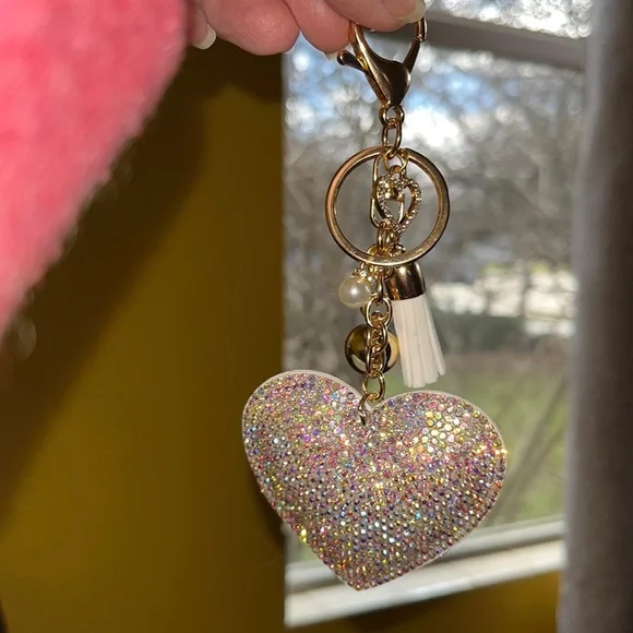Heart purse charm, key chain, backpack charm. Colors: silver, gold, white - Picture 4 of 5